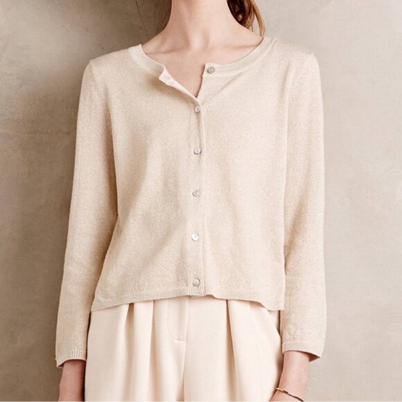 Anthropologie Knitted & Knotted Afterword Cardigan Sweater Beige Metallic Lace - Picture 7 of 16